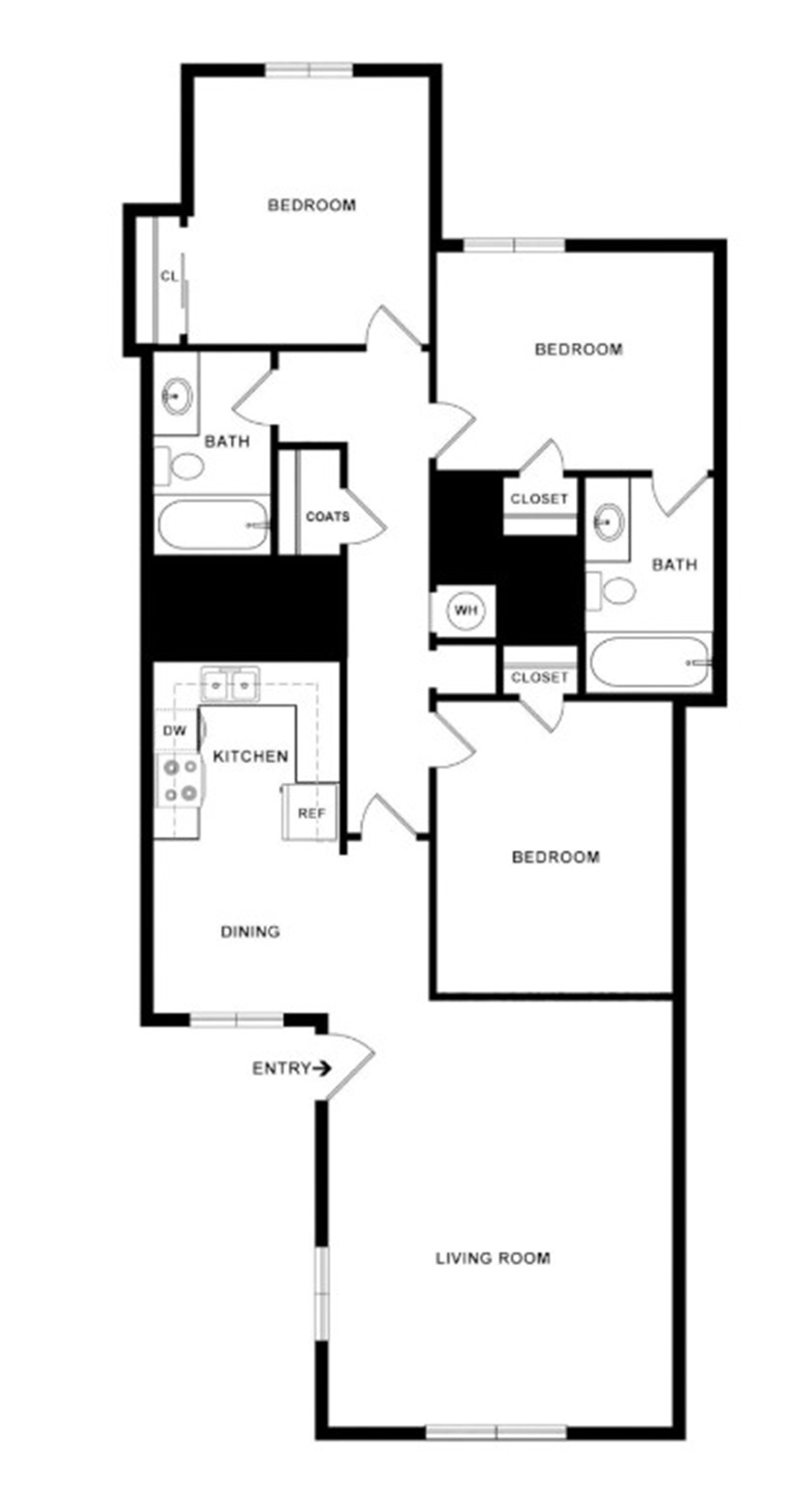 Floor plan for 3 beds, 2 baths, 1031 sqft